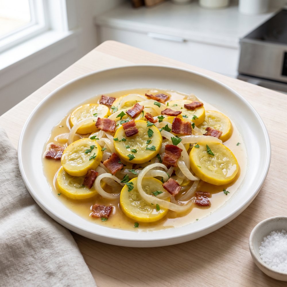 Braised Yellow Crookneck Squash with Bacon