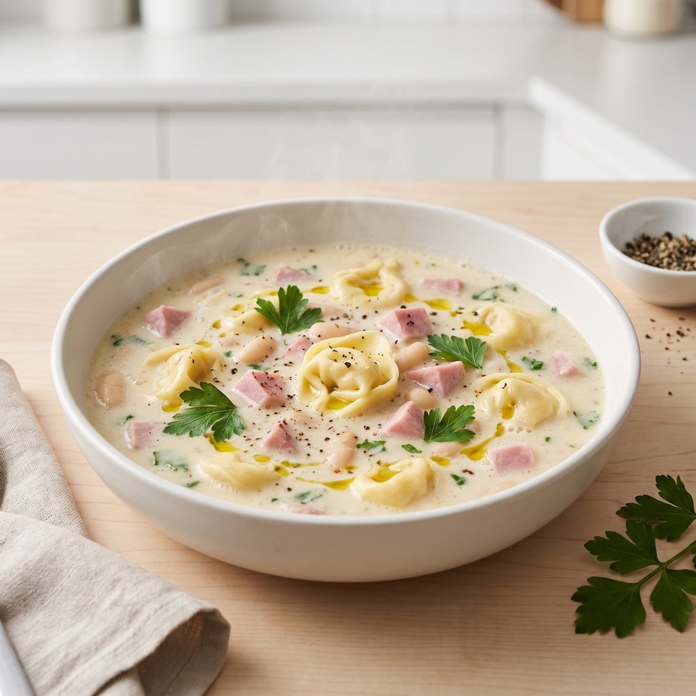 Creamy Tortellini Soup with Ham and Cannellini Beans