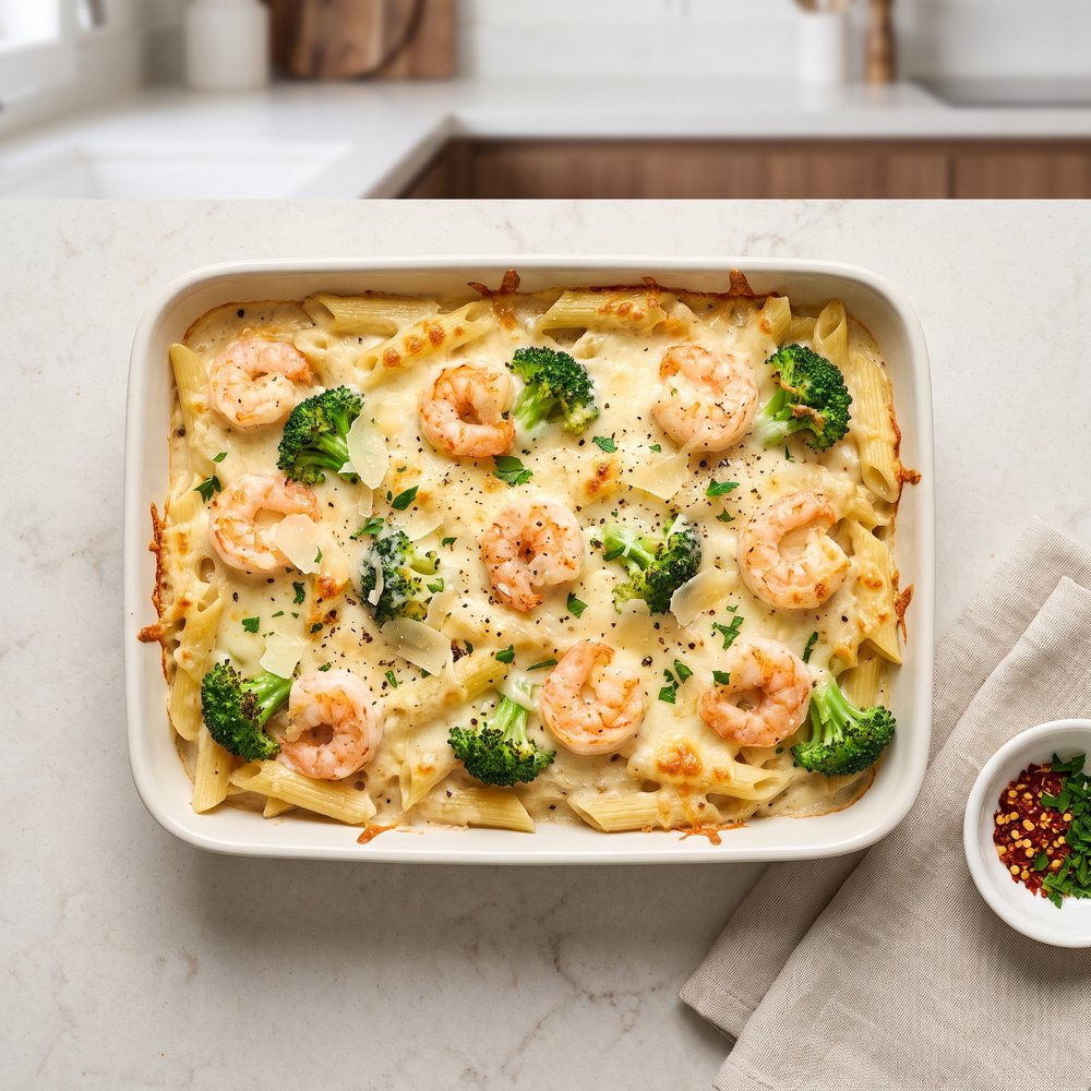 Shrimp Alfredo Broccoli Bake