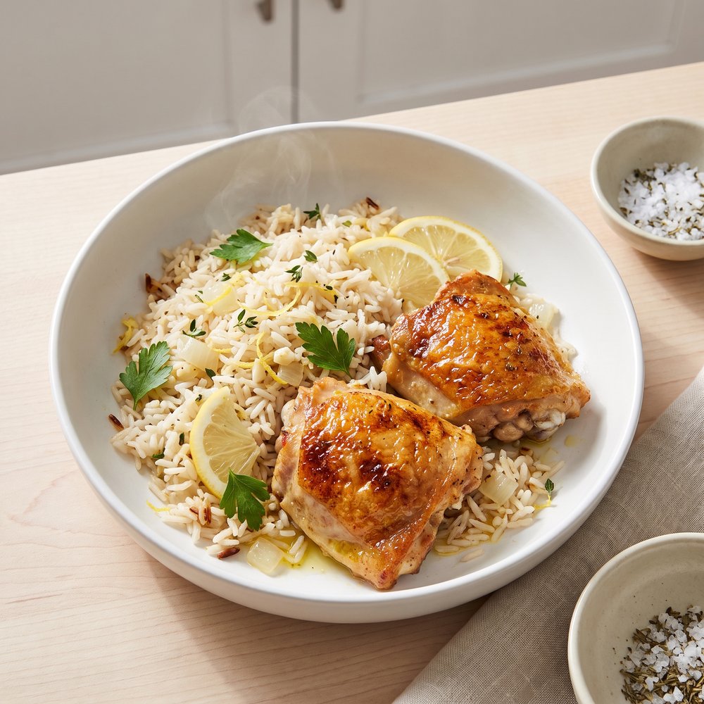 Skillet Crispy Chicken Thighs with One-Pot Rice