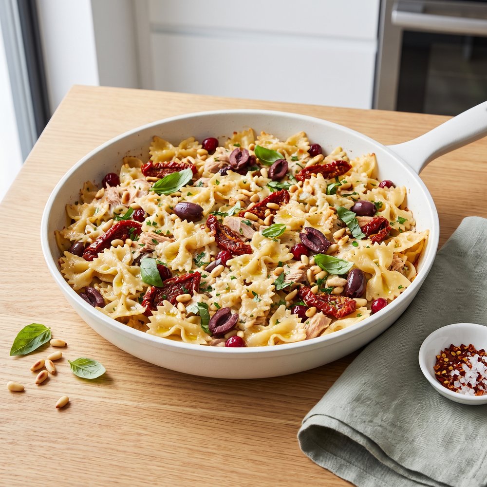 Skillet Tuna Pasta Bake with Mediterranean Flavors