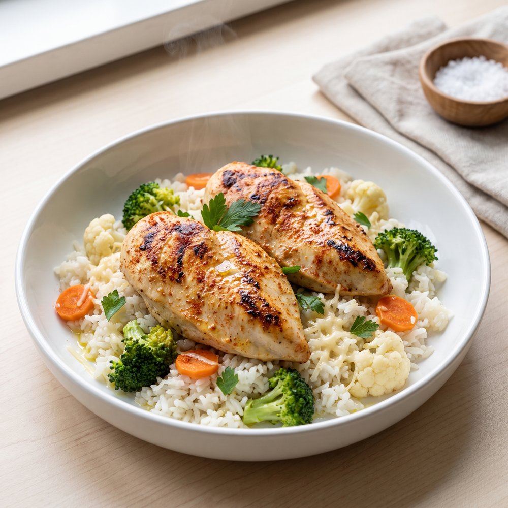 One-Pan Garlic Chicken with Veggies and Rice