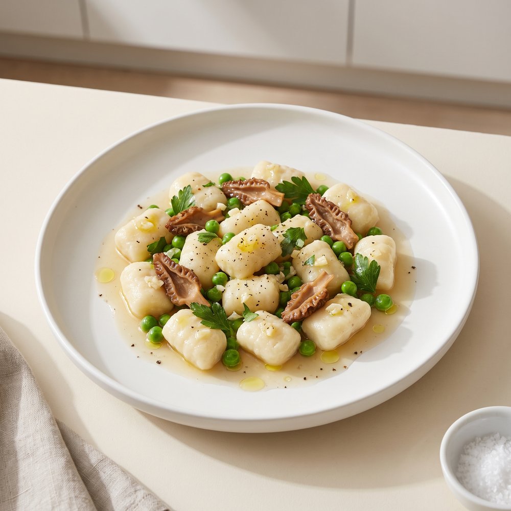 Pillowy Ricotta Gnocchi with Peas and Morel Mushrooms