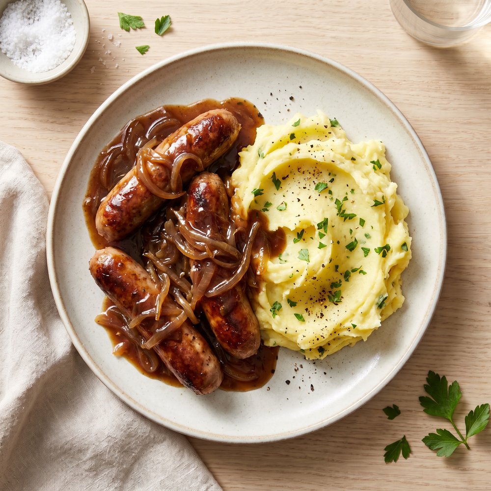 Classic Bangers & Mash with Rich Onion Gravy