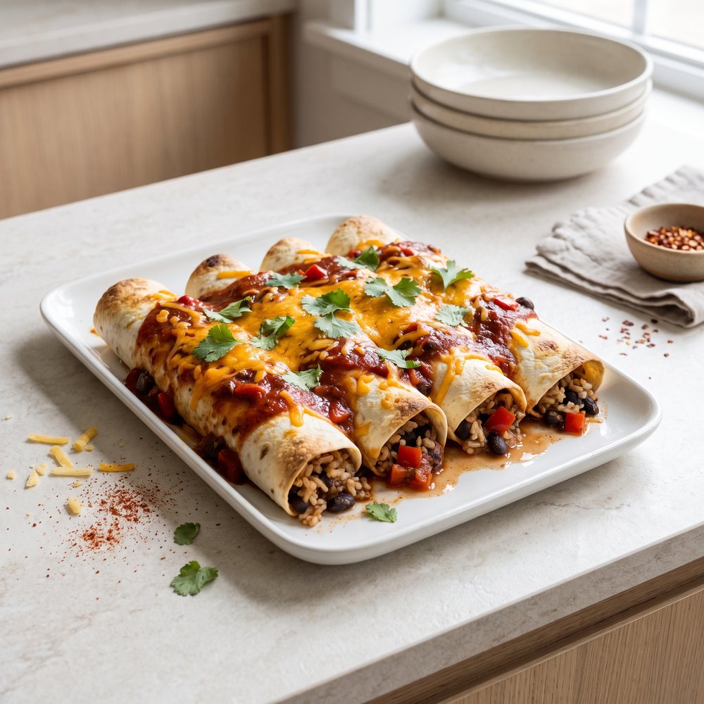 Rice and Black Bean Enchiladas with Cheddar