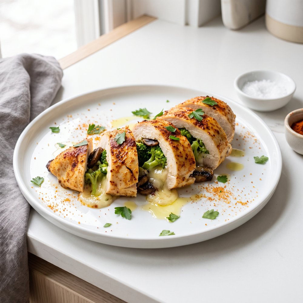 Mushroom, Broccoli, and Cheese Stuffed Chicken