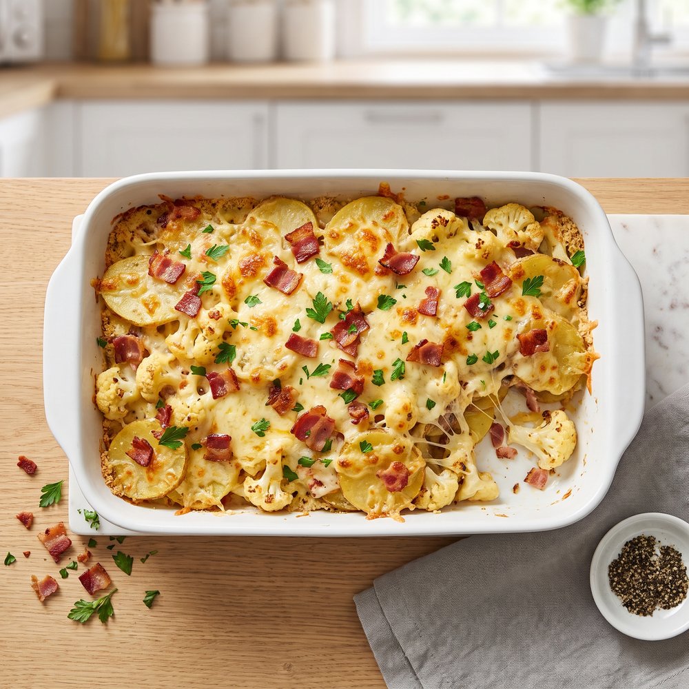Bacon Swiss Potato Cauliflower Casserole