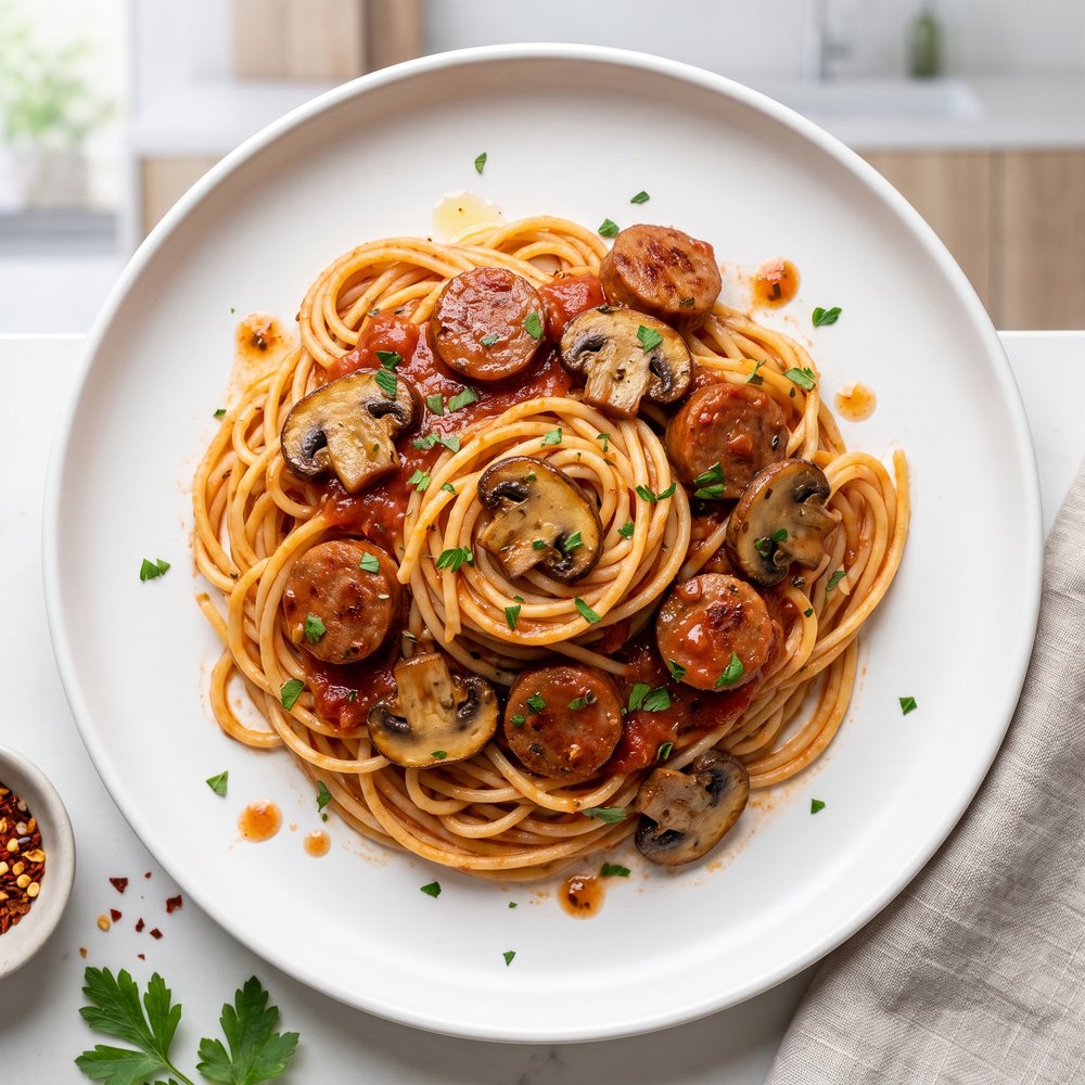 Spaghetti Topped with Tomato-Sausage Ragu