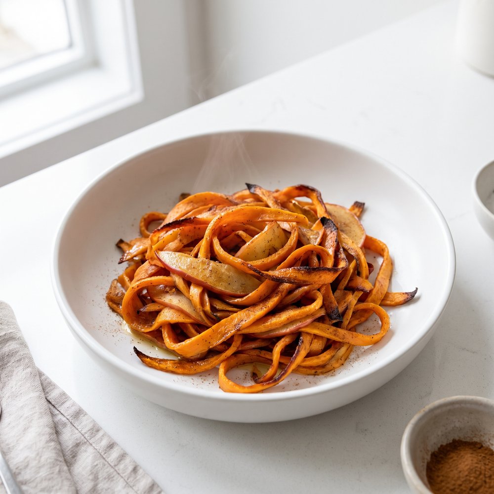 Roasted Vanilla-Spiced Spiral Sweet Potatoes with Apples