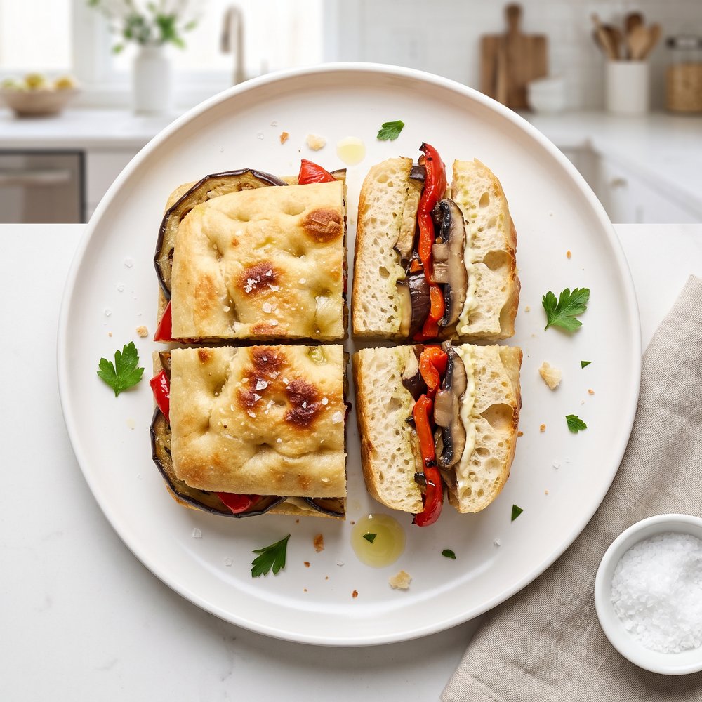 Mediterranean Grilled Veggie Focaccia Sandwich