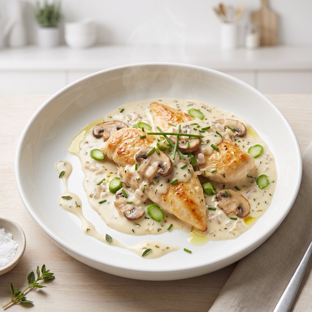 Skillet Chicken with Boursin, Mushrooms, and Asparagus