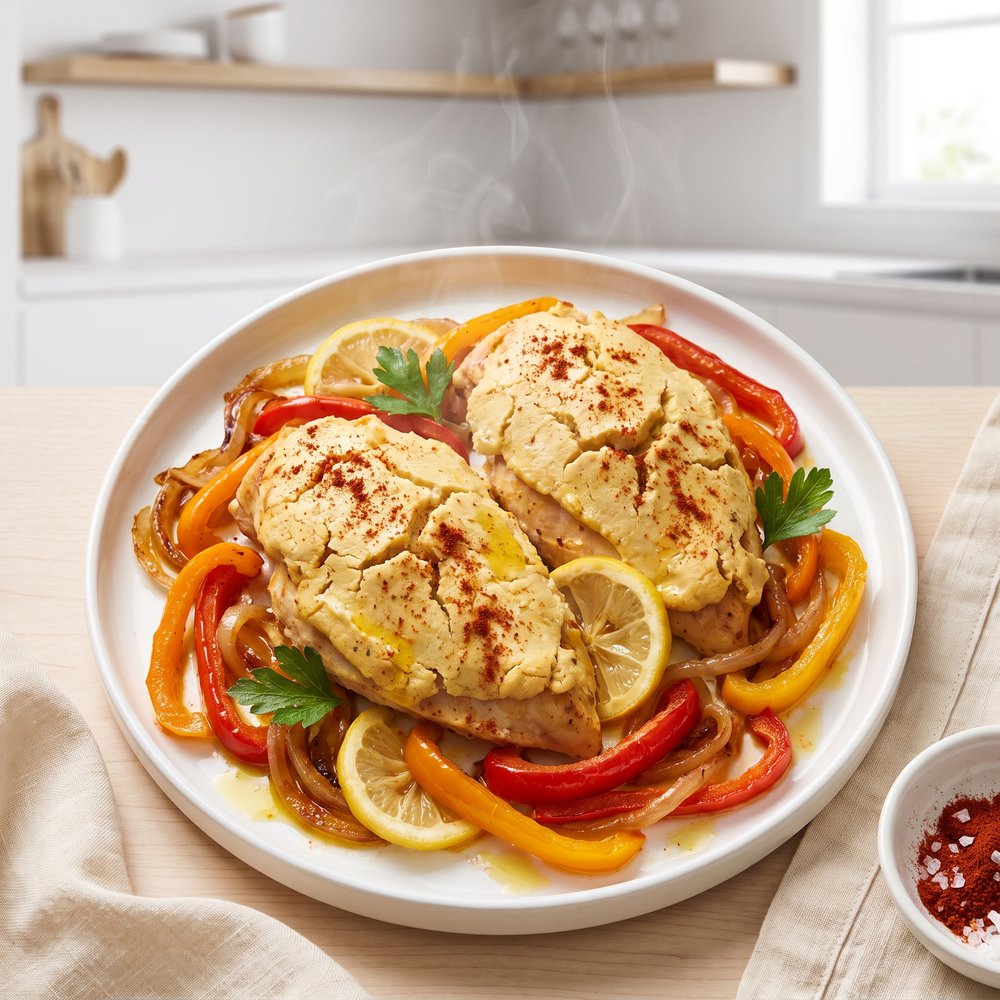 Lemon-Paprika Hummus Baked Chicken