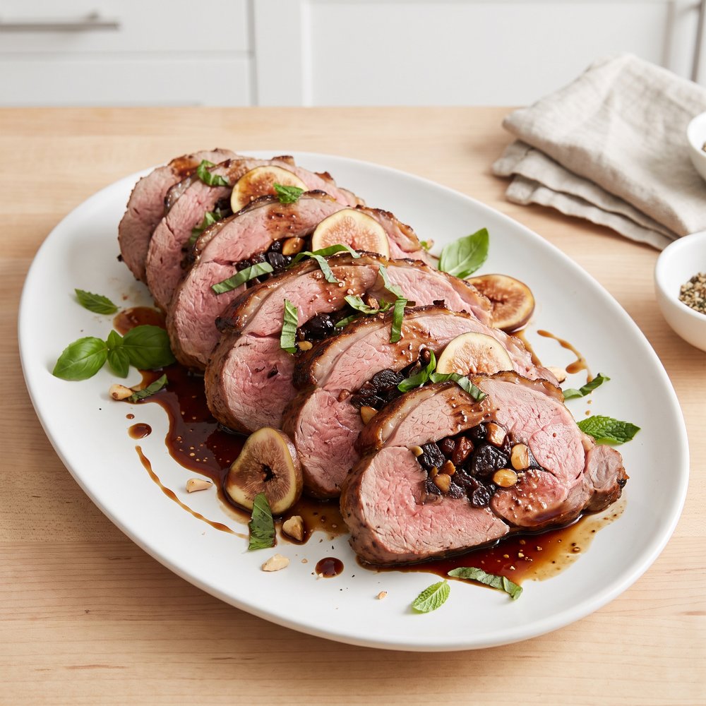 Rolled Leg of Lamb with Balsamic Fig–Basil Sauce