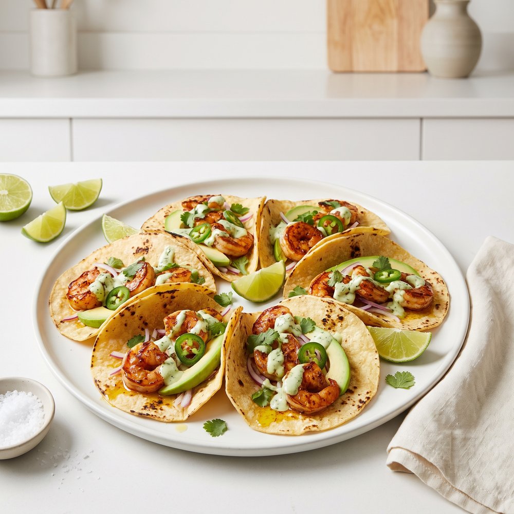 Cilantro-Lime Crema Shrimp Street Tacos