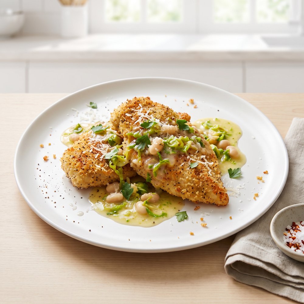 Crisp Chicken Limone with Tuscan-Style Beans