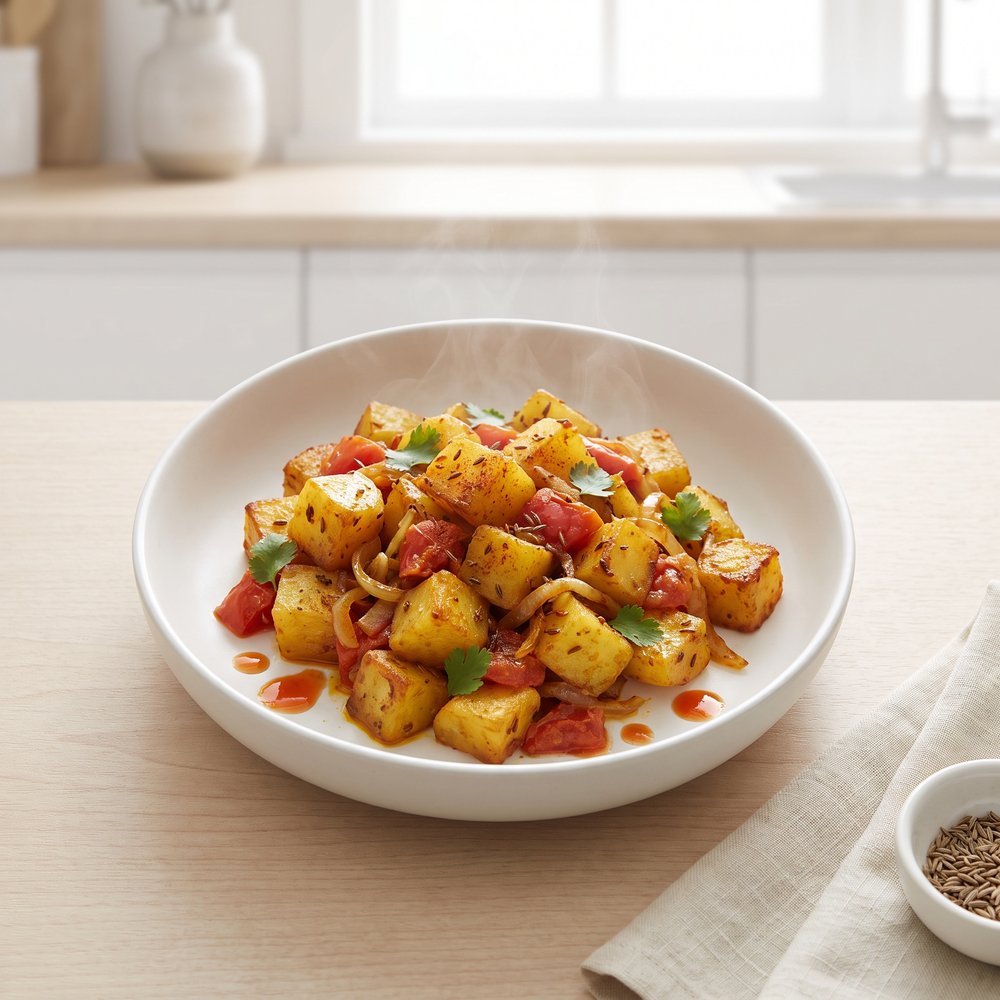 Spiced Aloo Bhujia with Tomatoes and Onions