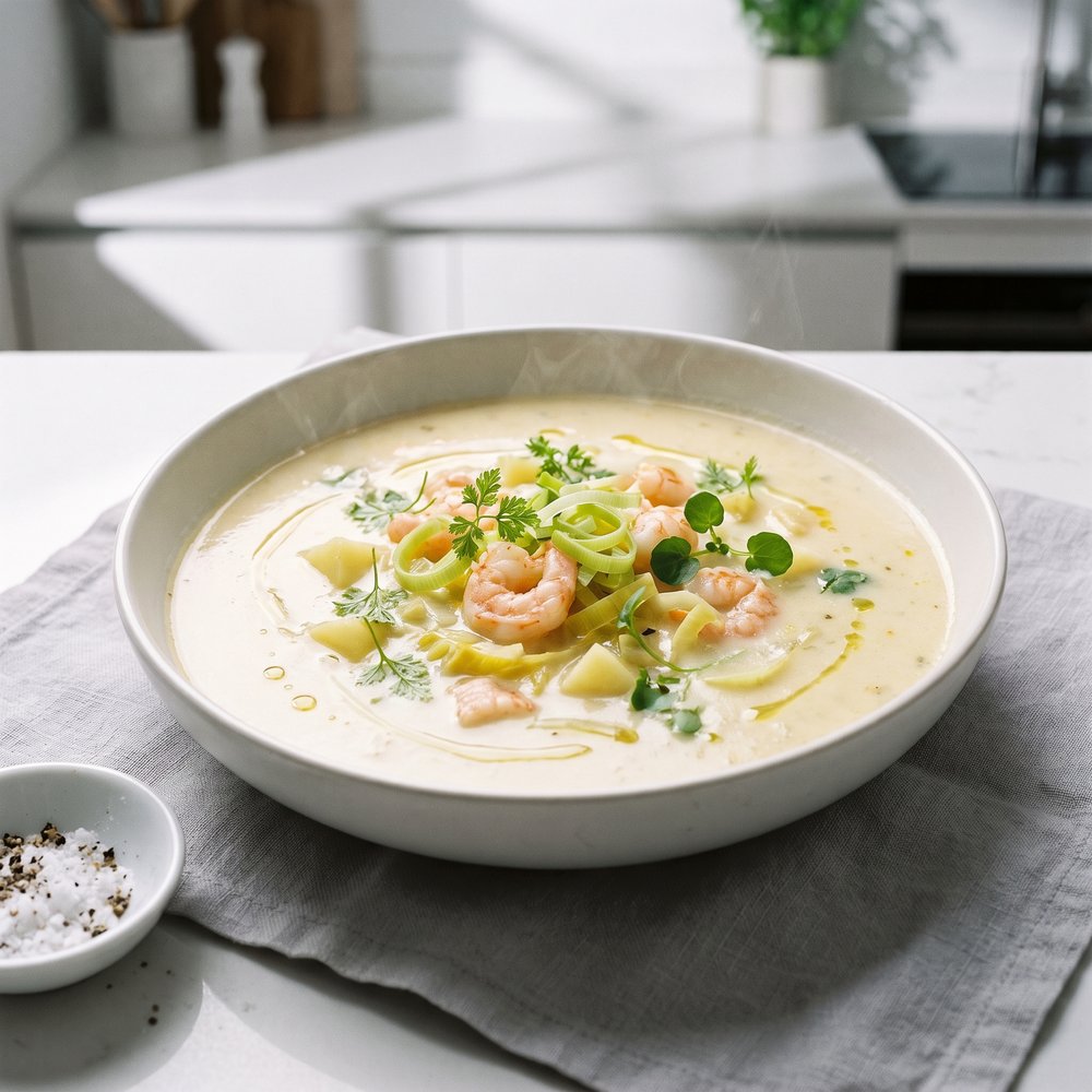 Creamy Potato-Leek Soup with Shrimp