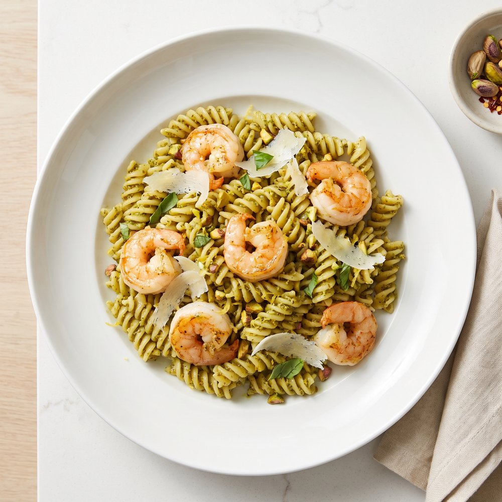 Shrimp Pasta with Basil–Pistachio Pesto