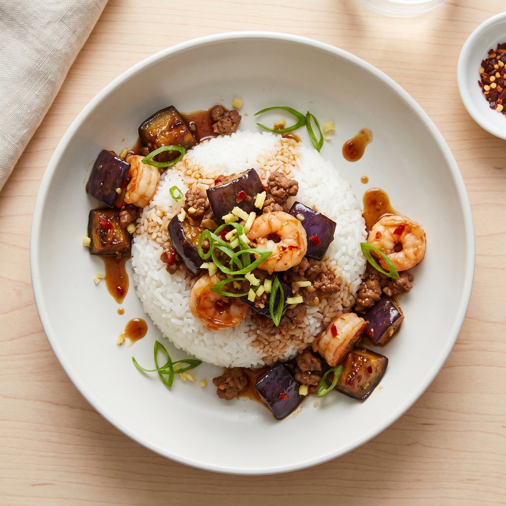 Sichuan-Style Spicy Eggplant with Shrimp and Beef