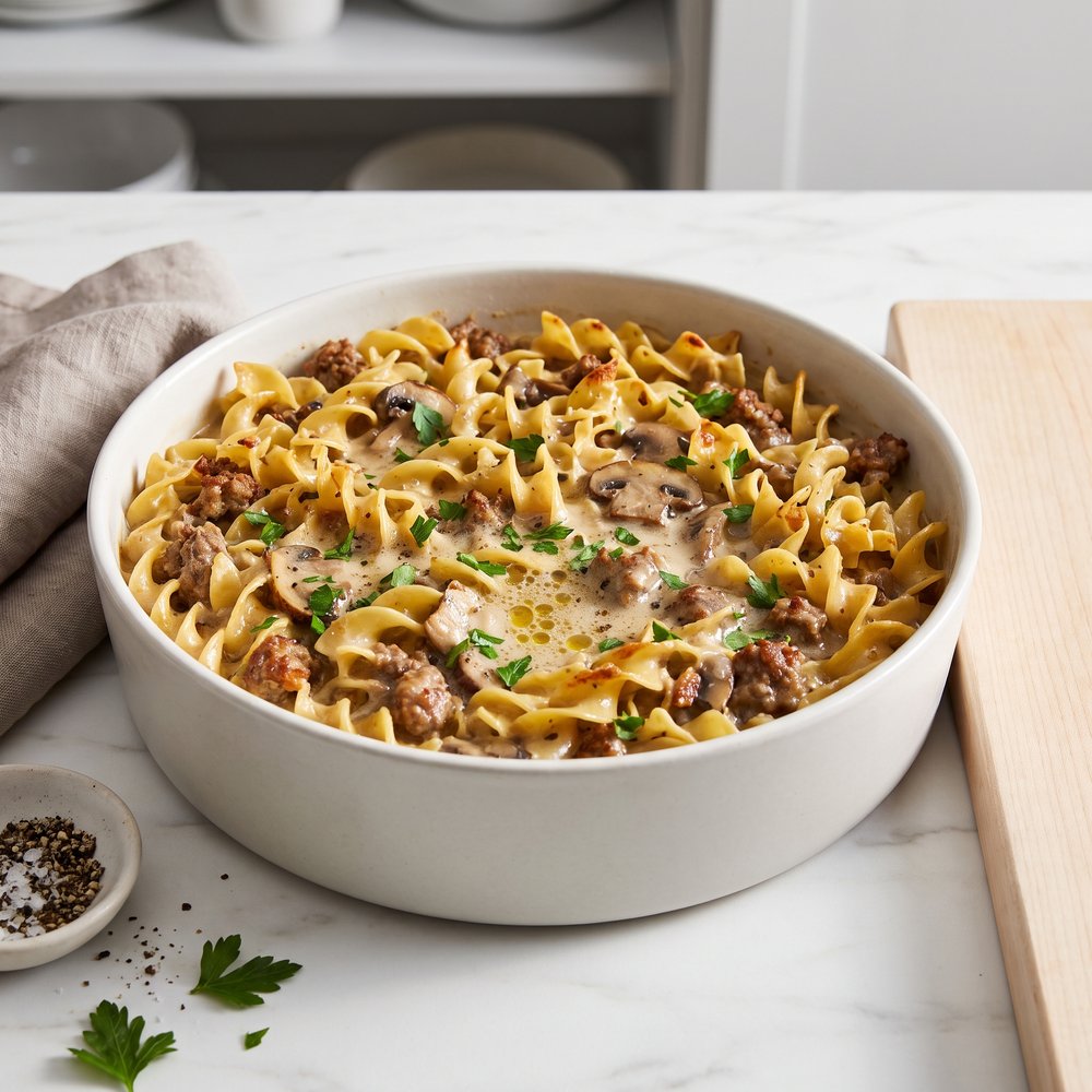 Beef and Mushroom Stroganoff Bake