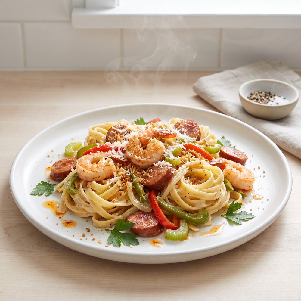 Creole-Style Shrimp and Sausage Alfredo Pasta