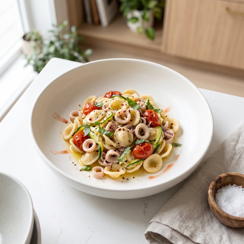 Pasta con Seppioline e Zucchine alla Julienne (Zucchini and Calamari Pasta)