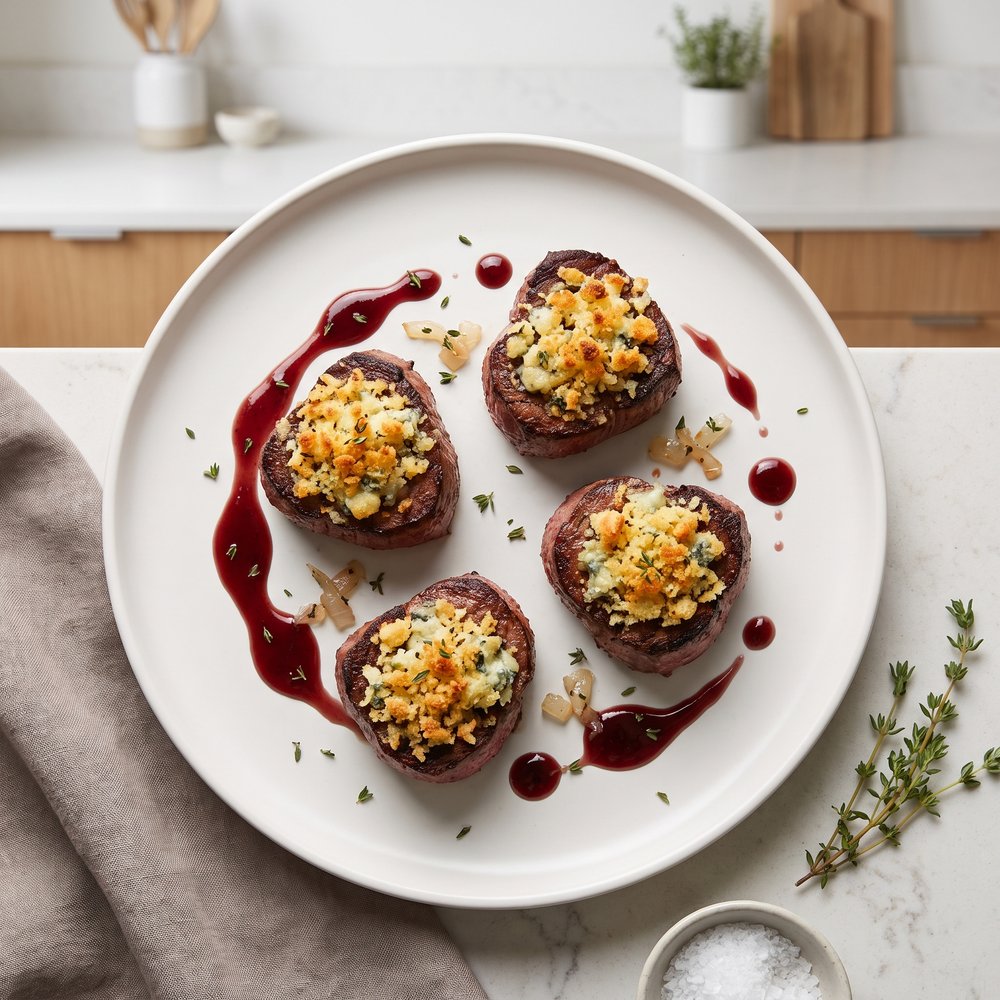 Filet Mignon with Blue Cheese Crust and Port Reduction