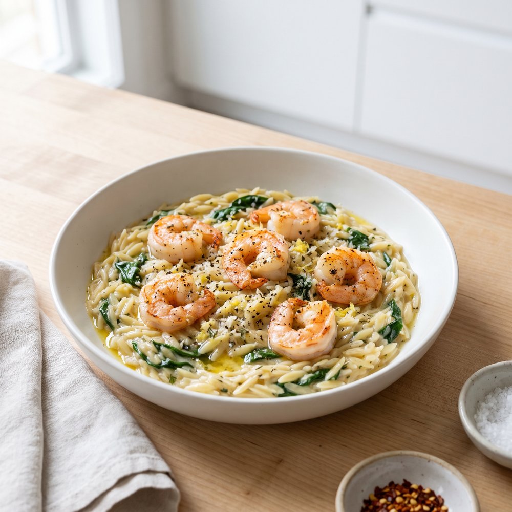 Skillet Lemon-Garlic Shrimp Orzo