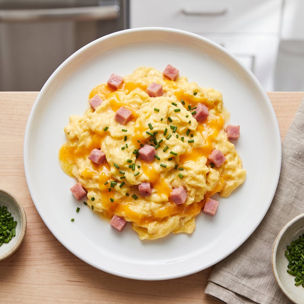 Creamy Ham and Cheddar Scrambled Eggs