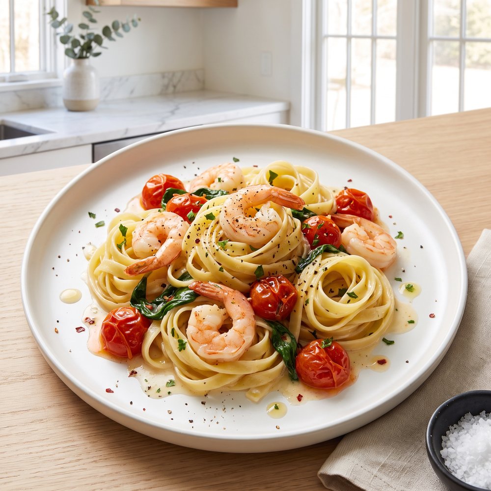Fettuccine with Shrimp, Tomatoes, and Spinach Cream Sauce