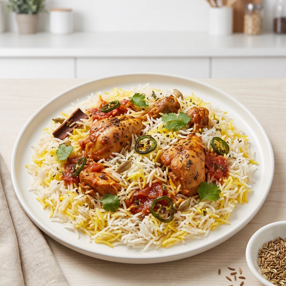 Chicken Biryani with Spiced Tomato-Onion Masala
