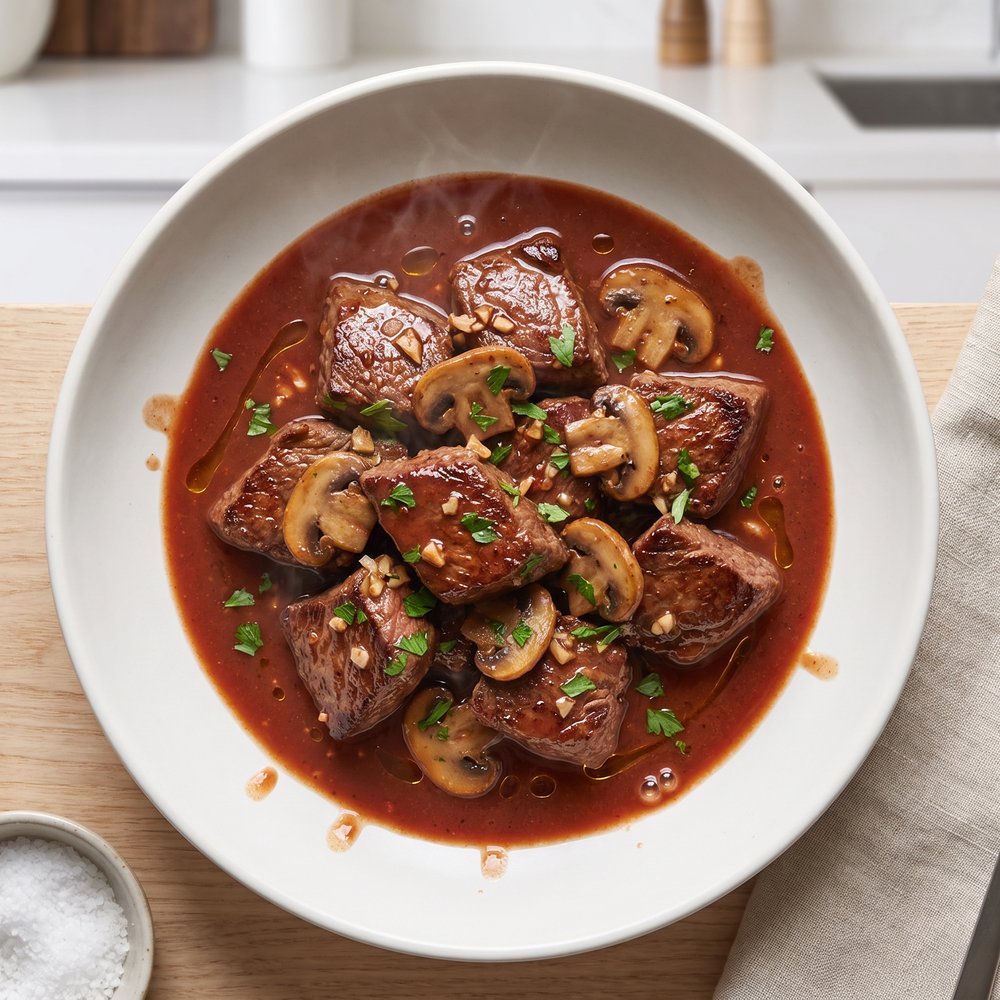 Garlic-Red Wine Sirloin with Mushrooms