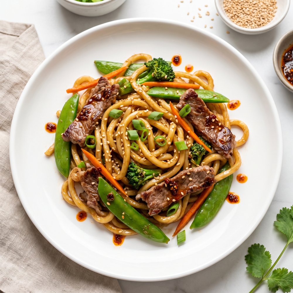 Chili-Infused Beef and Veggie Udon Stir-Fry