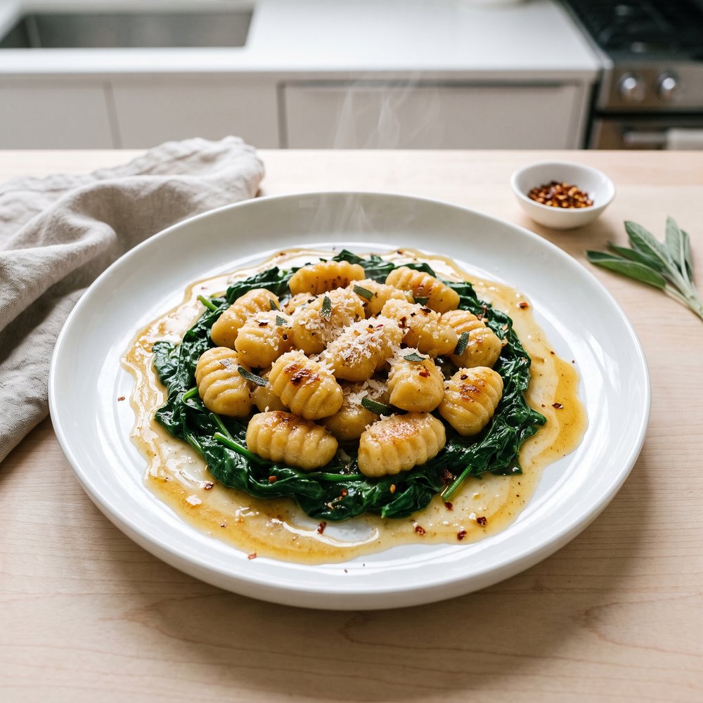 Butternut Squash Gnocchi in Garlic-Sage Butter on Wilted Spinach