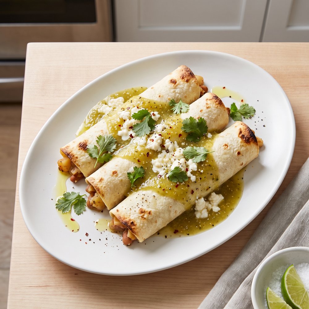 Tomatillo-Smothered Potato & Pinto Bean Enchiladas