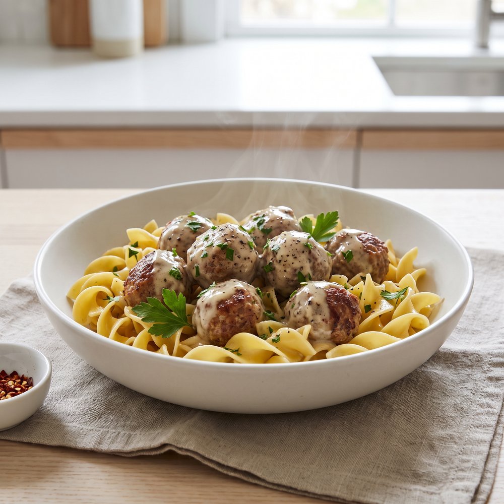 Anna's Amazing Easy Pleasy Meatballs over Buttered Noodles