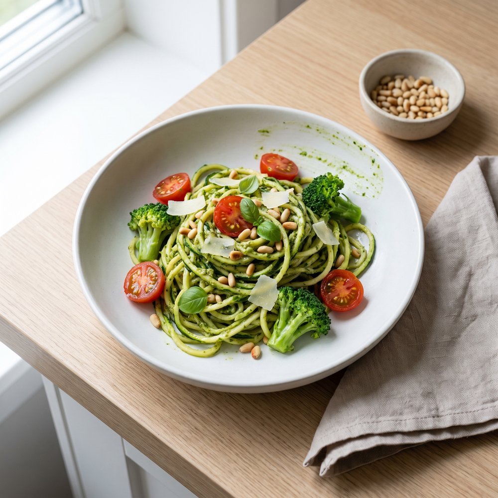 Pesto Zucchini Noodles with Tomatoes and Broccoli