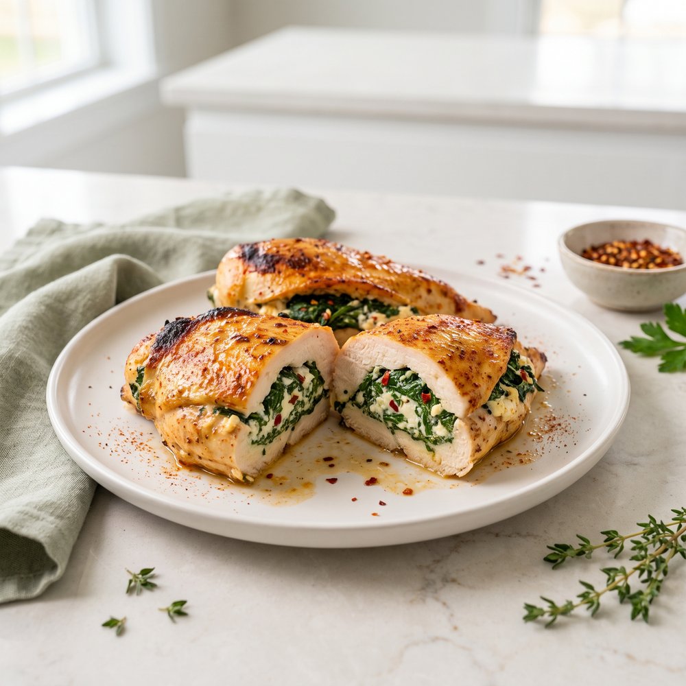 Spinach and Cottage Cheese–Stuffed Chicken Breasts