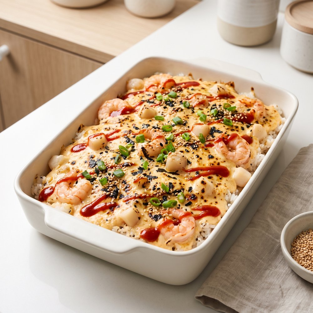 Spicy Seafood Dynamite Rice Bake