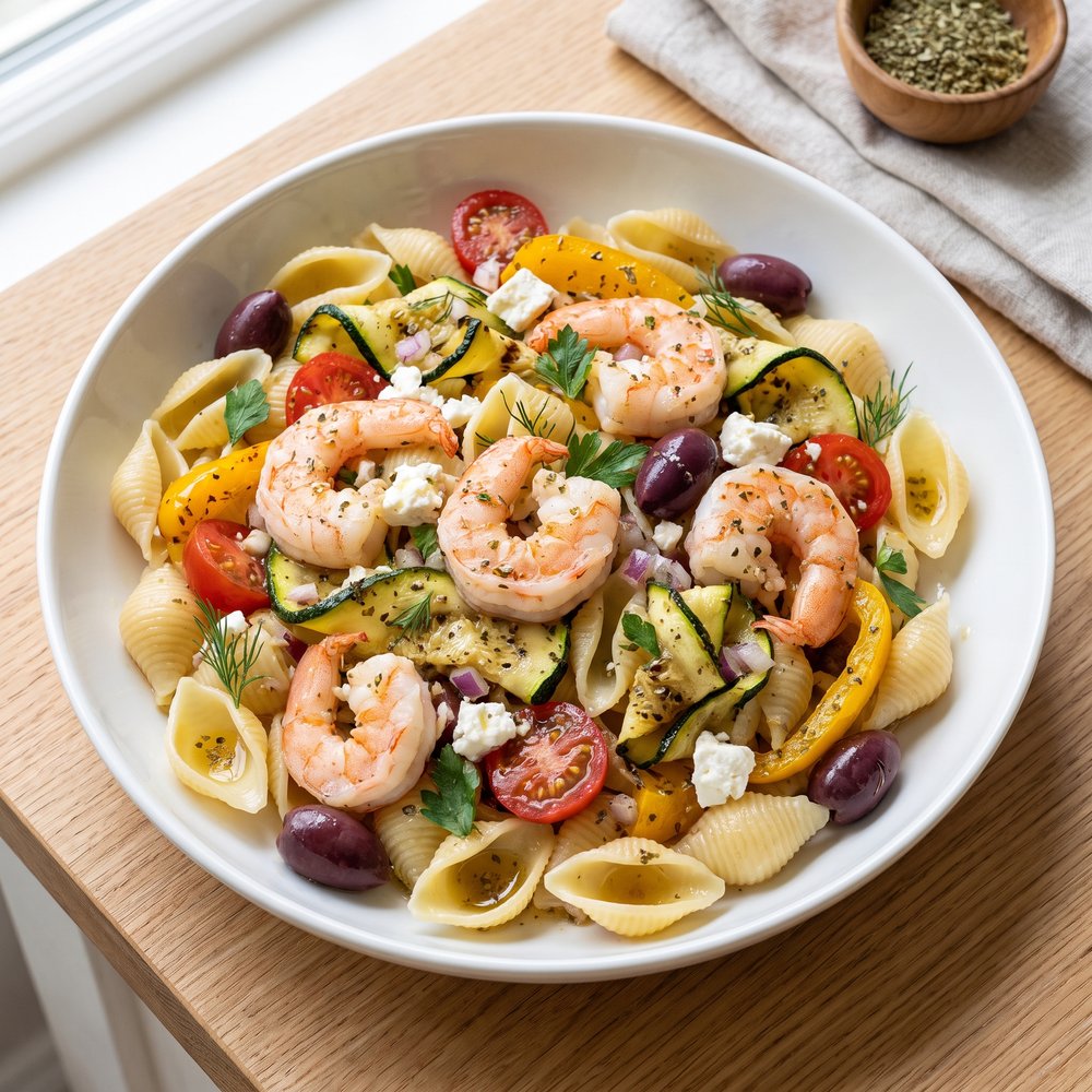 Shrimp and Feta Greek Pasta Shells with Tomatoes, Zucchini, and Peppers