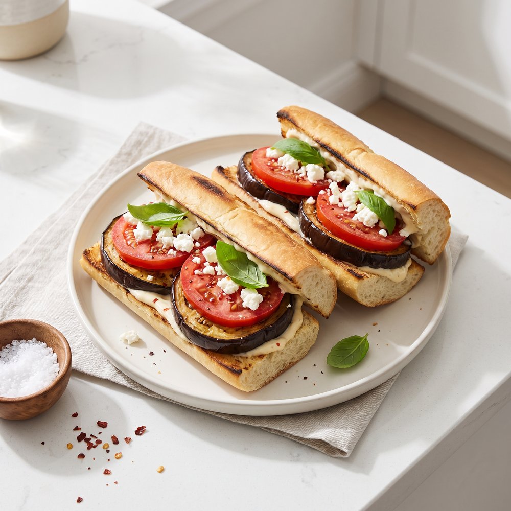 Broiled Eggplant Roll Sandwiches with Feta and Basil