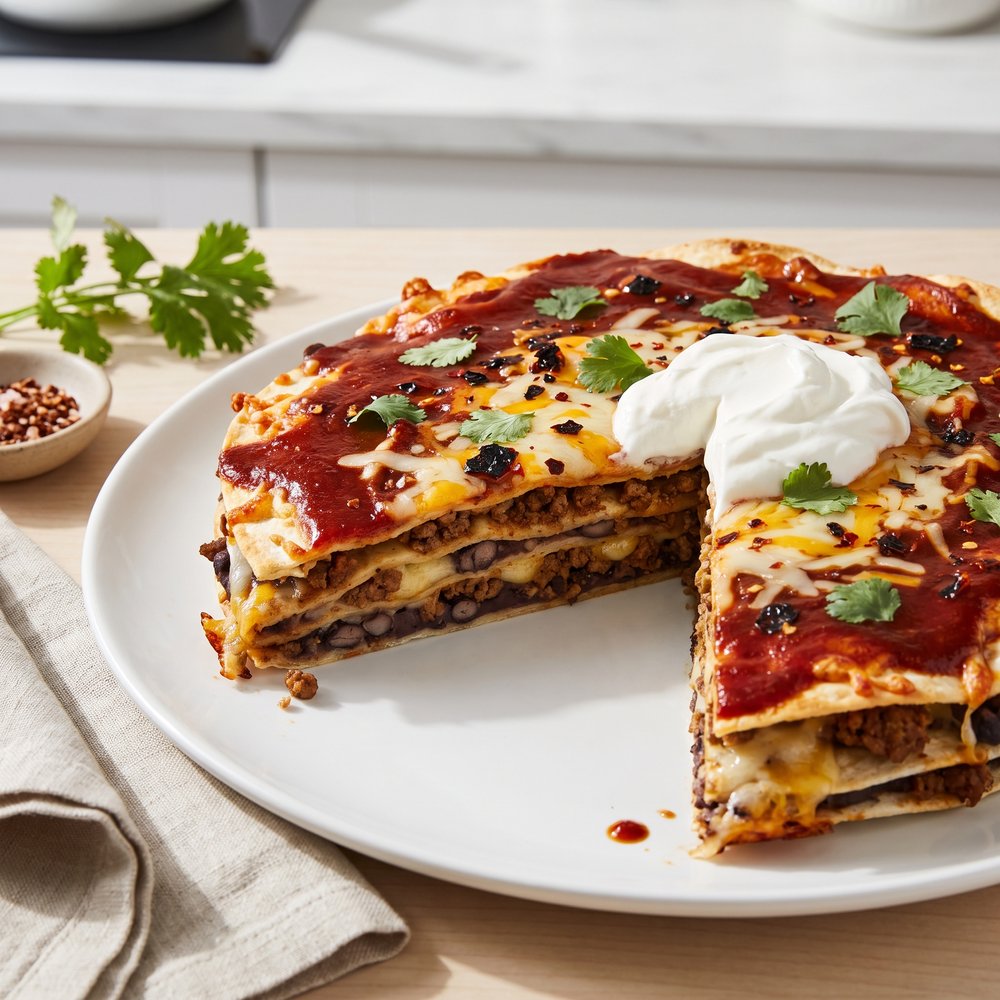 Layered Beef and Bean Enchilada Casserole