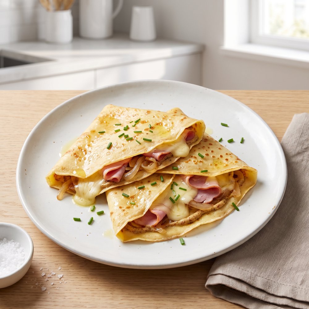 Ham and Gruyère Crêpes with Dijon and Onions