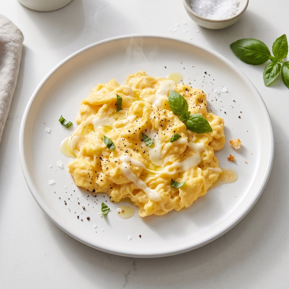 Basil-Infused Creamy Cheesy Scrambled Eggs