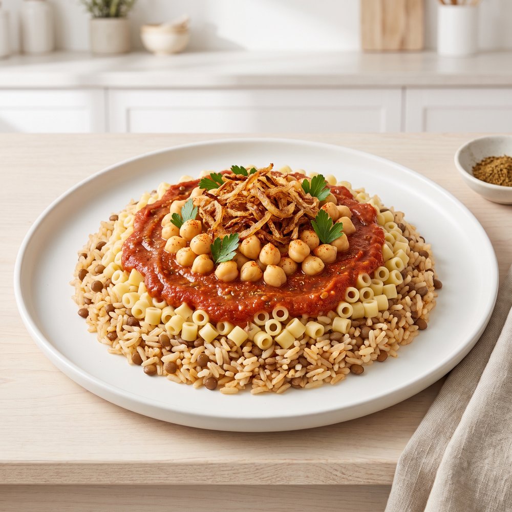 Egyptian Koshari (Rice, Lentils, Pasta, and Tomato Sauce)