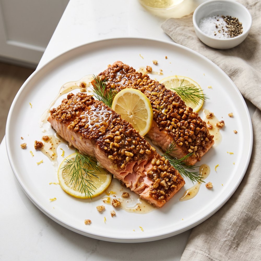 Walnut-Dill Crusted Salmon Fillets with Lemon