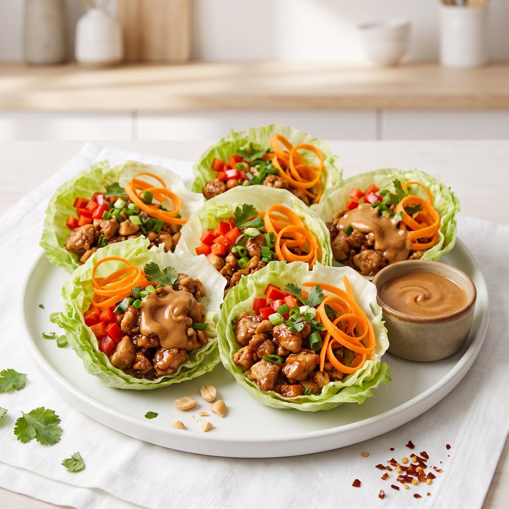 Ginger-Chicken Lettuce Cups with Peanut Sauce