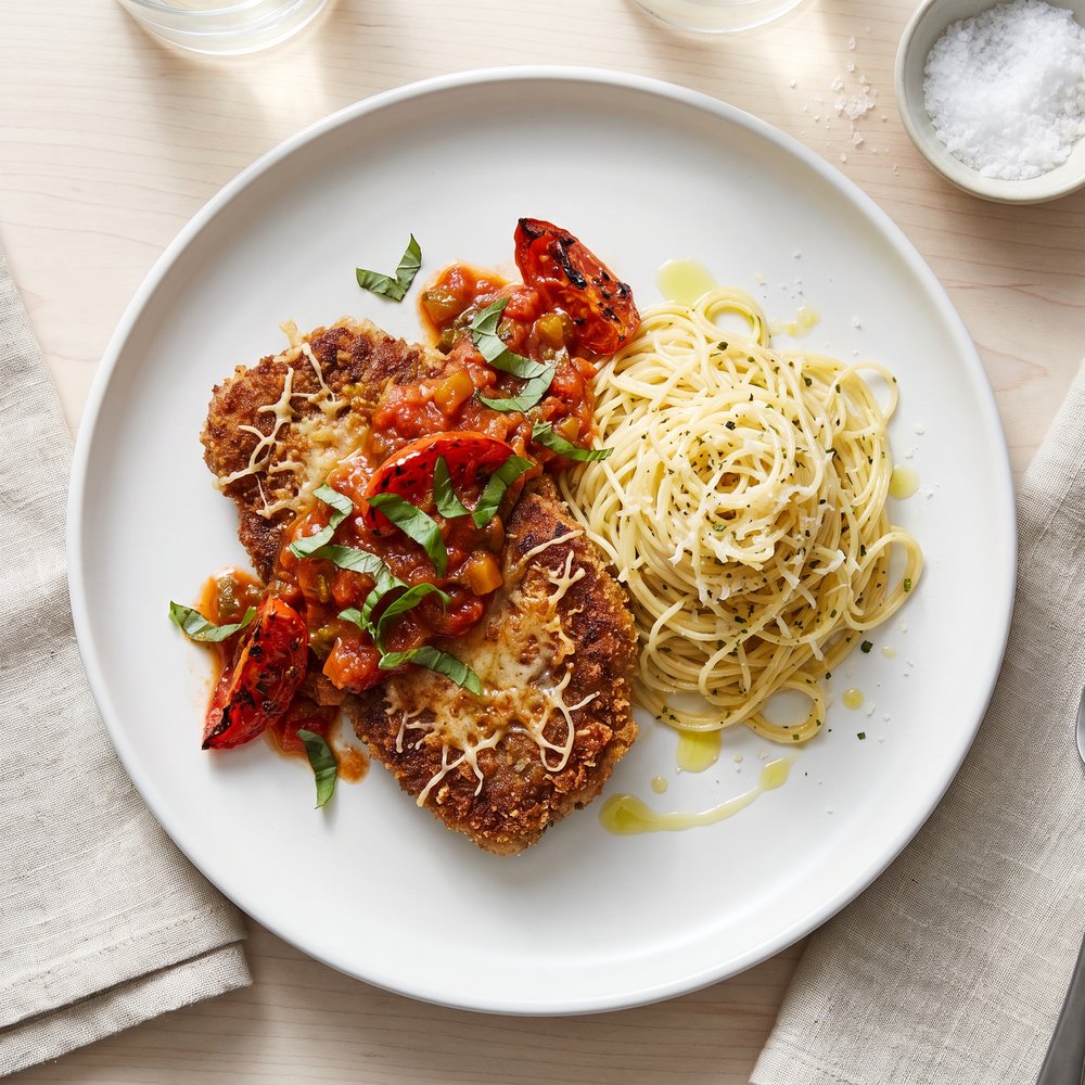 Beef Parmesan with Garlic Pasta
