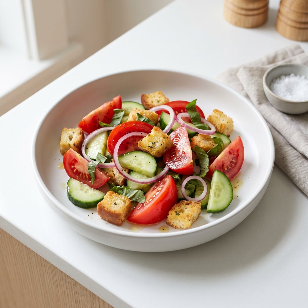 Tomato Cucumber Salad with Garlic Butter Croutons and Red Onion
