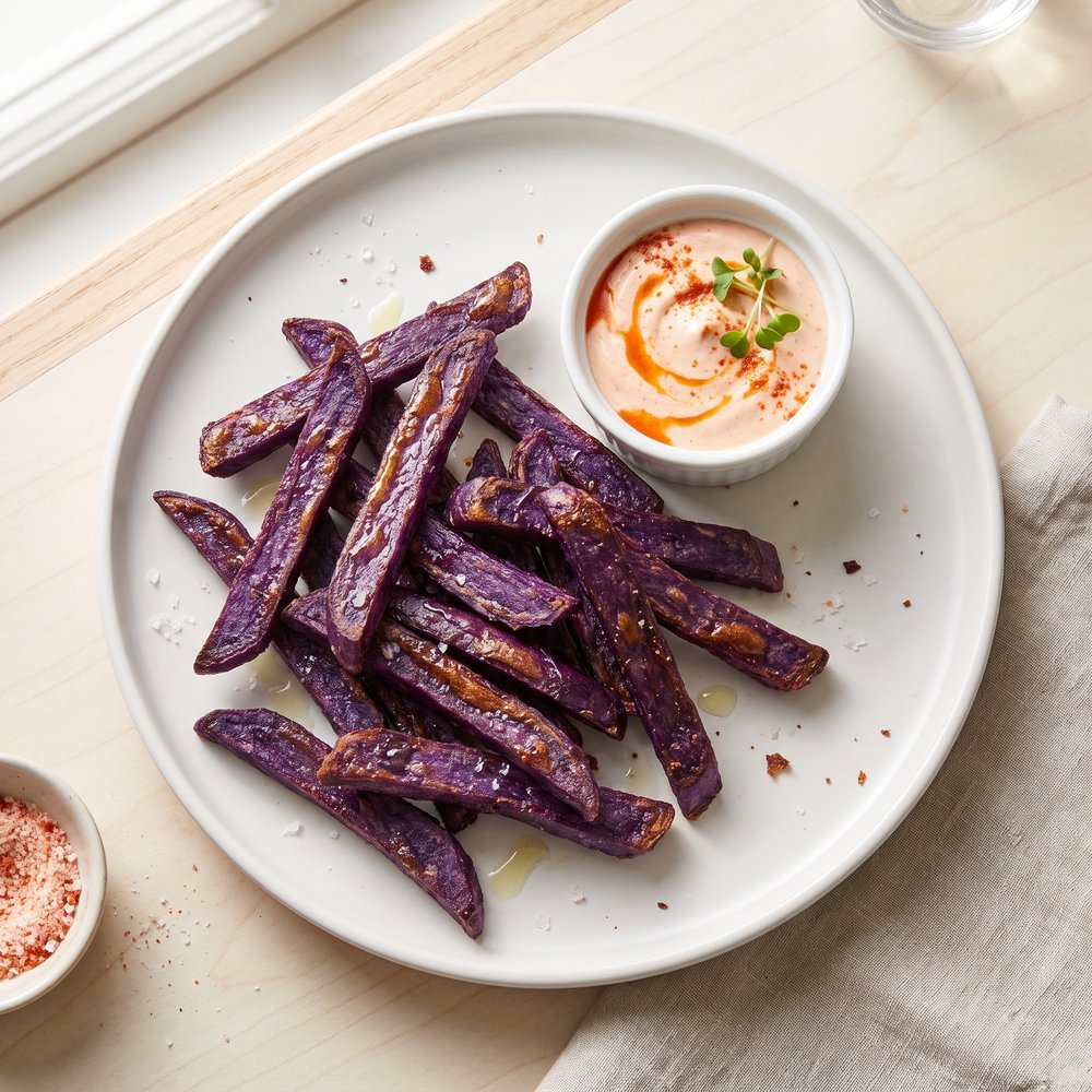 Air Fryer Ube Fries with Sour Cream–Sriracha Dip
